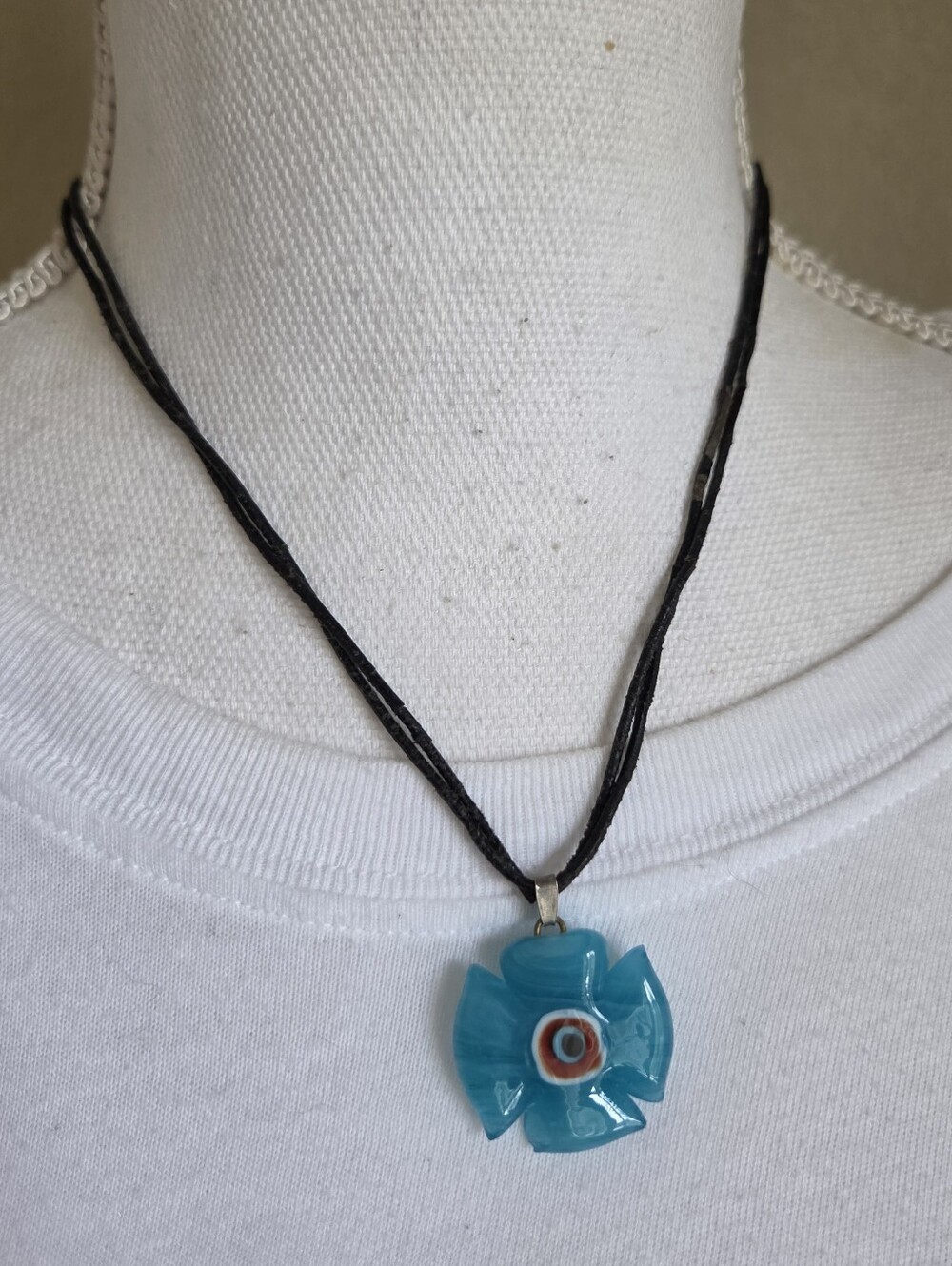 artisan art glass flower evil eye pendant cord necklace turquoise blue